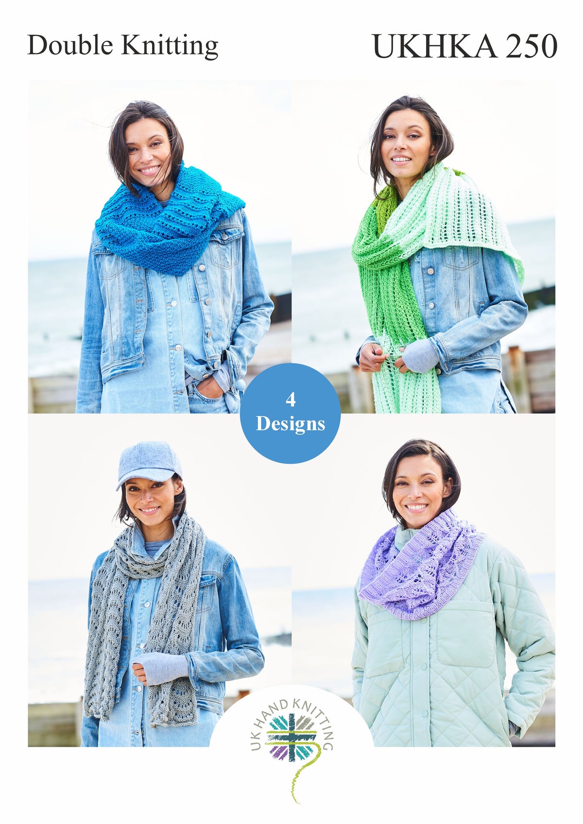 Knitting pattern cover showing knitted scarves, a shawl and snoods