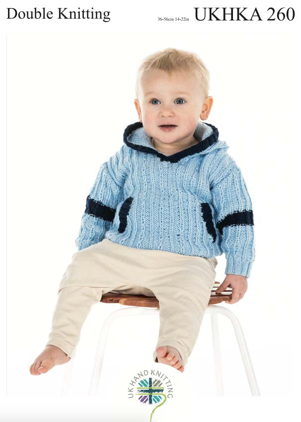 Cover of a UK Hand Knitting Association knitting pattern showing a child's hooded jumper
