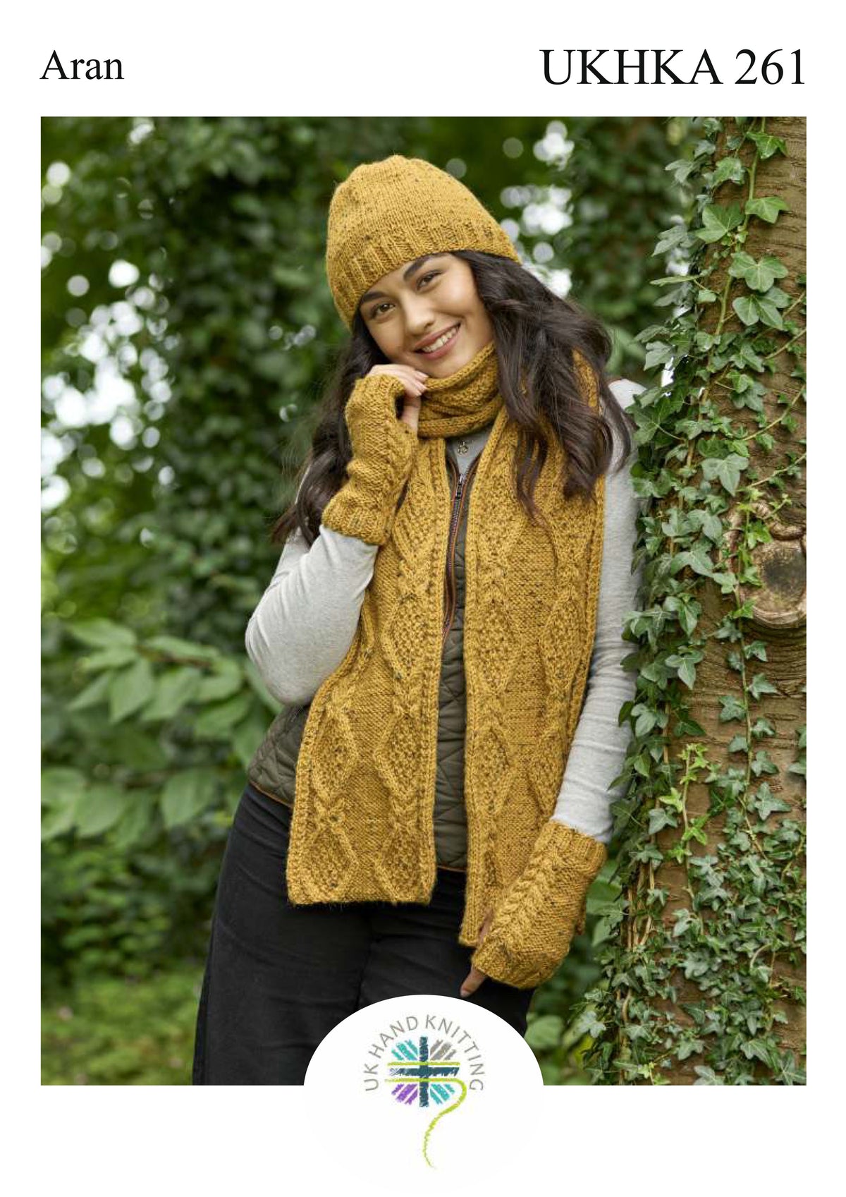 UK Hand Knitting Association pattern 261 cover showing hat, scarf and mittens
