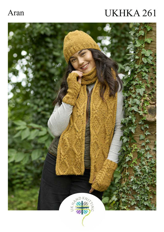 UK Hand Knitting Association pattern 261 cover showing hat, scarf and mittens