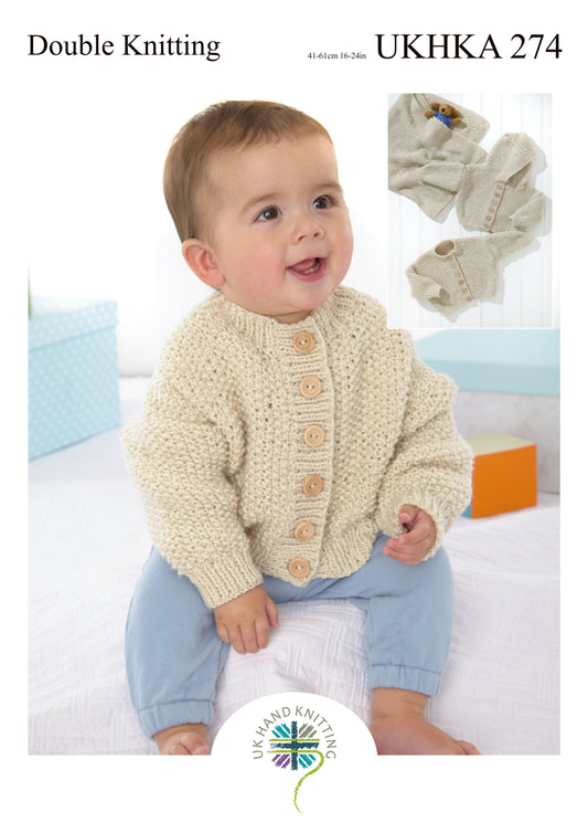 UK Hand Knitting Association pattern 274 cover showing cardigans and blanket