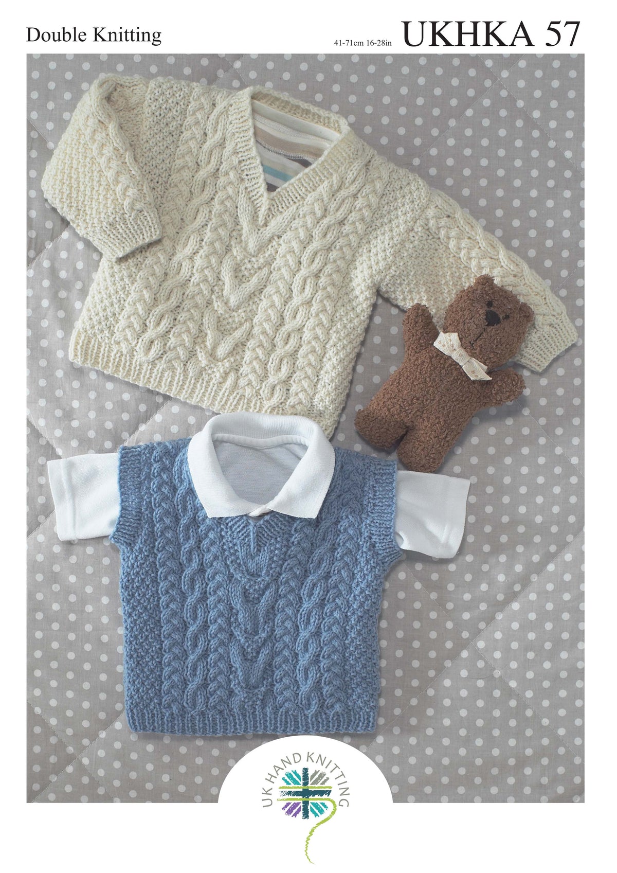 Knitting pattern cover showing a child's sweater and slipover