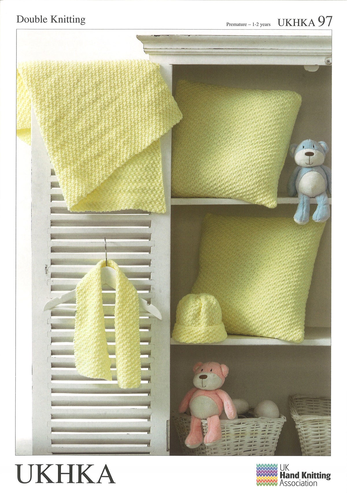 Cover of the UKHKA blanket, cushions, scarf and hat knitting pattern