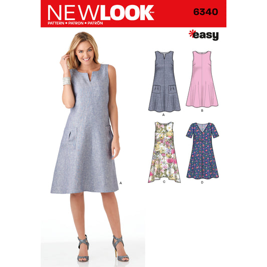 New Look N6340 sewing pattern envelope showing misses' trapeze swing dress designs