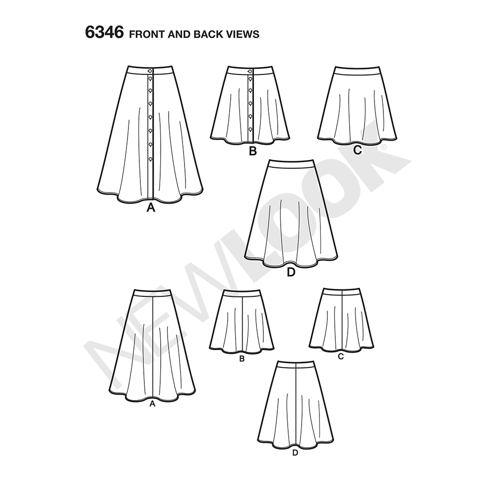 New Look N6346 sewing pattern envelope showing misses' flared full skirt designs