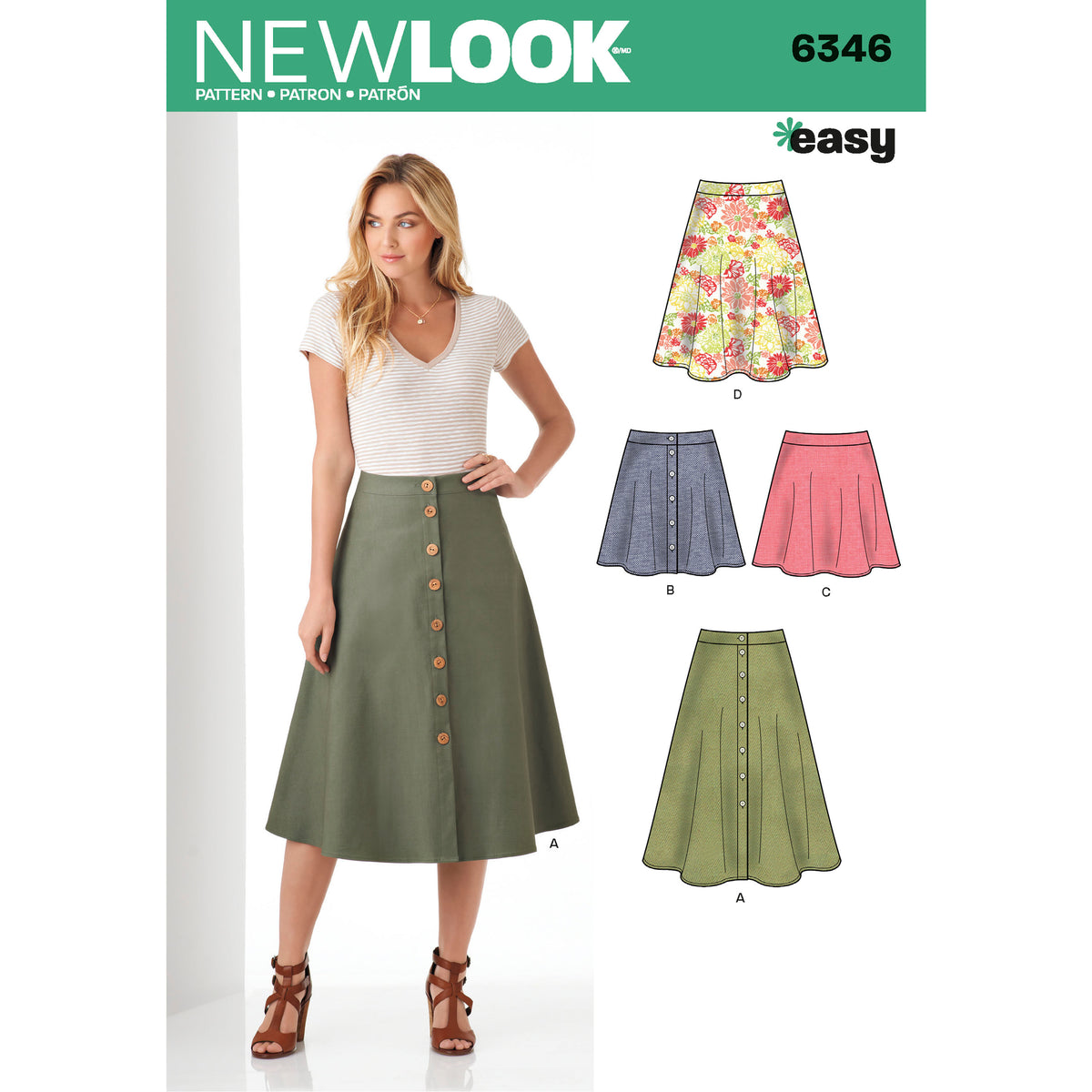 New Look N6346 sewing pattern envelope showing misses' flared full skirt designs