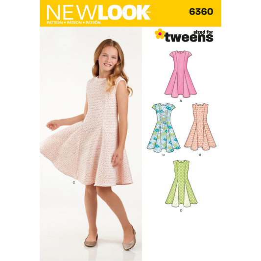 New Look N6360 sewing pattern envelope showing girls' dress with godets designs