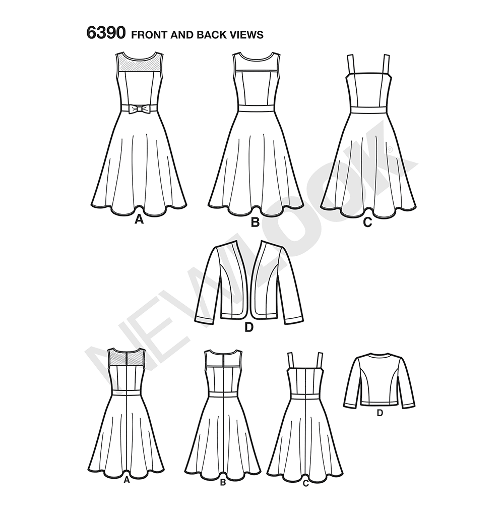 New Look N6390 sewing pattern envelope showing misses' full skirt dress designs