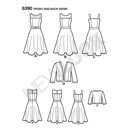 New Look N6390 sewing pattern envelope showing misses' full skirt dress designs