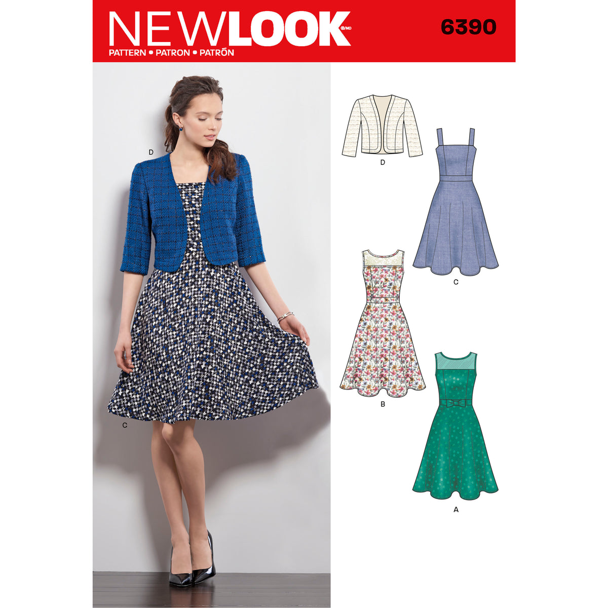 New Look N6390 sewing pattern envelope showing misses' full skirt dress designs
