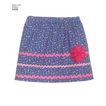New Look N6409 sewing pattern envelope showing children's pull-on skirts designs