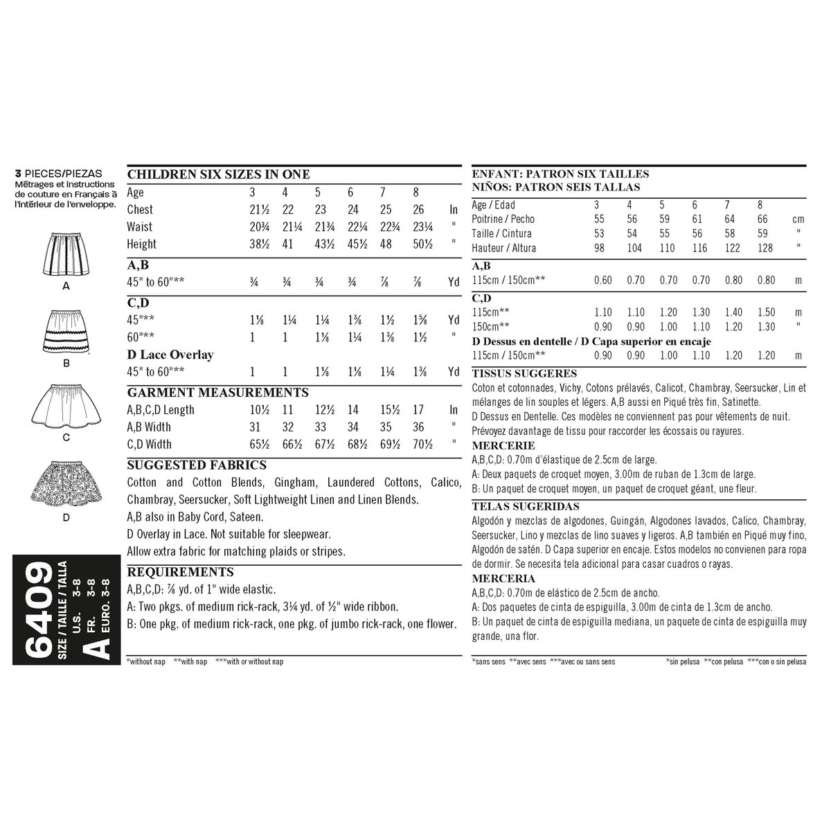 New Look N6409 sewing pattern envelope showing children's pull-on skirts designs