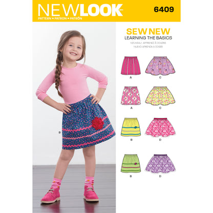 New Look N6409 sewing pattern envelope showing children's pull-on skirts designs