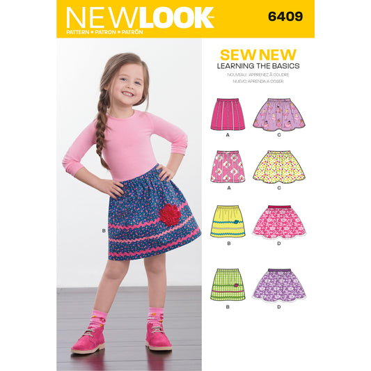 New Look N6409 sewing pattern envelope showing children's pull-on skirts designs