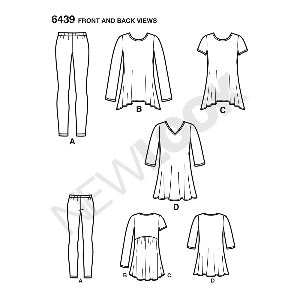 New Look N6439 sewing pattern envelope showing misses' knit tunic tops and leggings designs