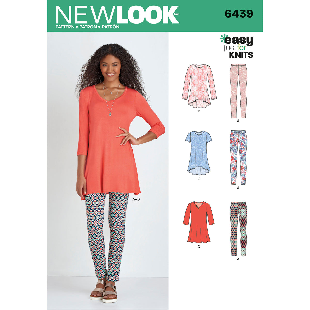 New Look N6439 sewing pattern envelope showing misses' knit tunic tops and leggings designs