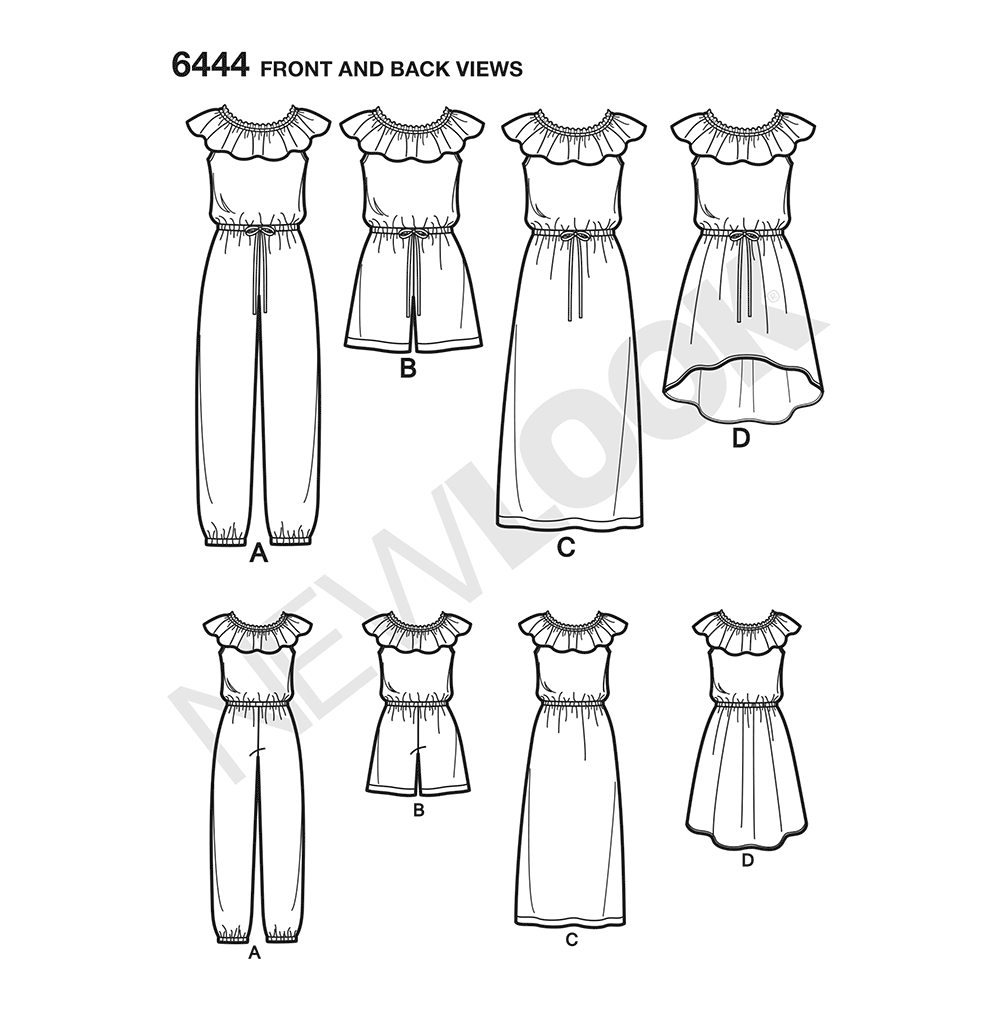 New Look N6444 sewing pattern envelope showing girls' dress and jumpsuit designs
