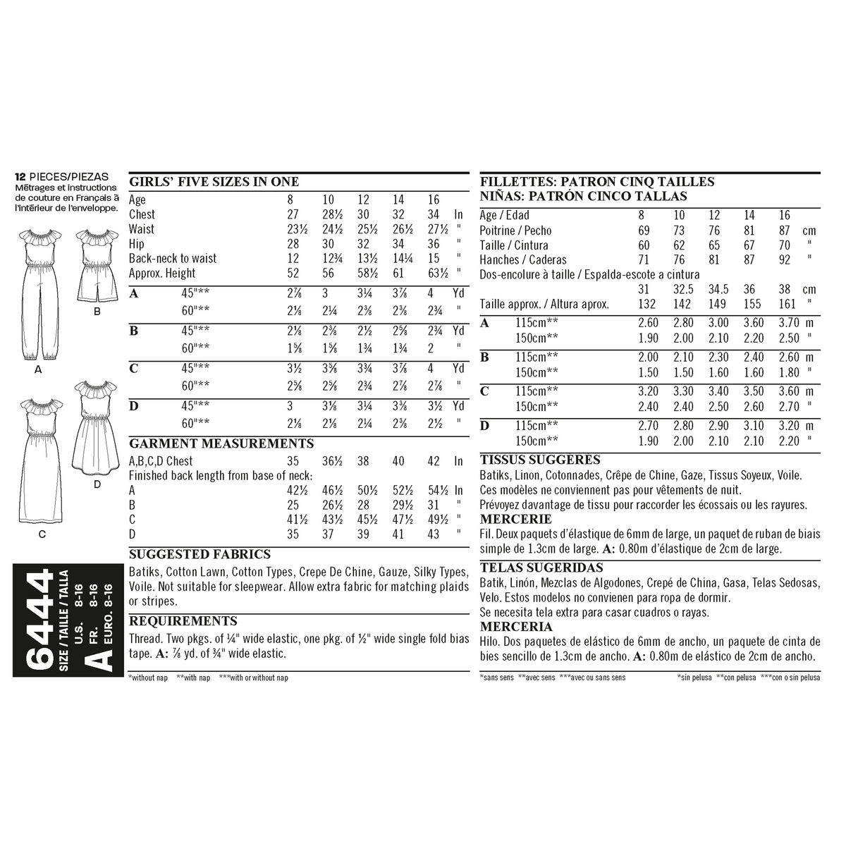 New Look N6444 sewing pattern envelope showing girls' dress and jumpsuit designs