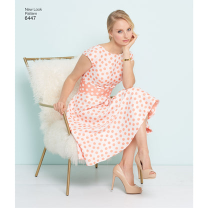 New Look N6447 sewing pattern envelope showing misses' full or slim skirt dress designs