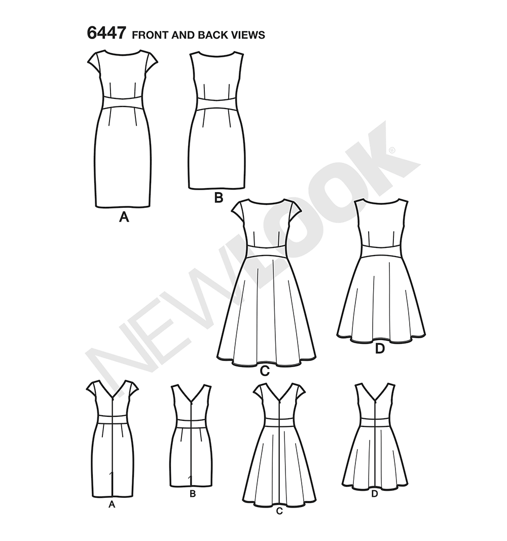 New Look N6447 sewing pattern envelope showing misses' full or slim skirt dress designs