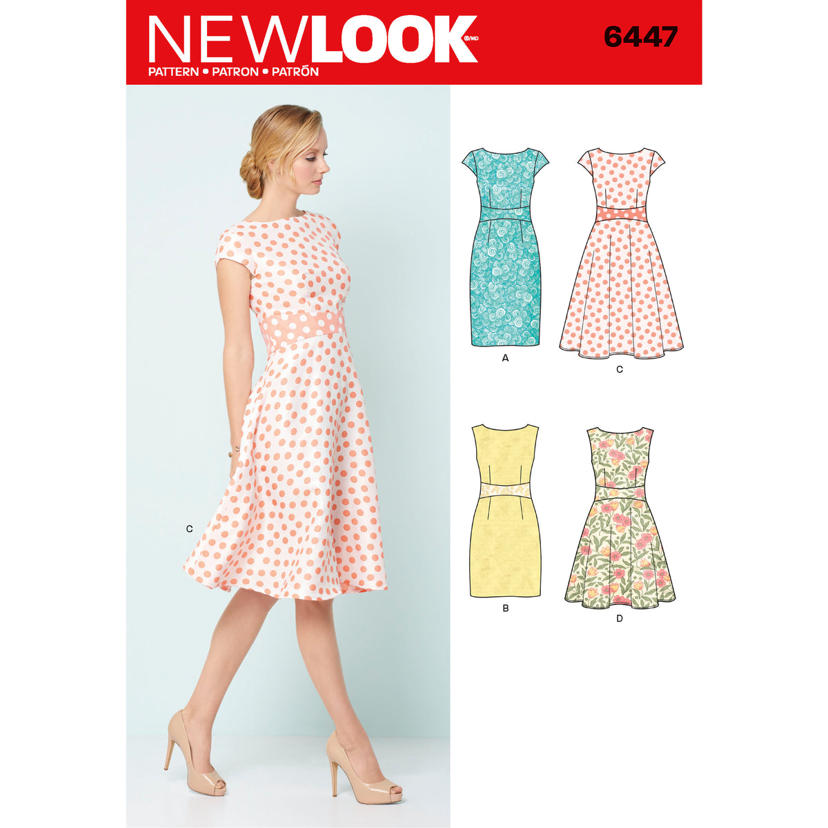 New Look N6447 sewing pattern envelope showing misses' full or slim skirt dress designs