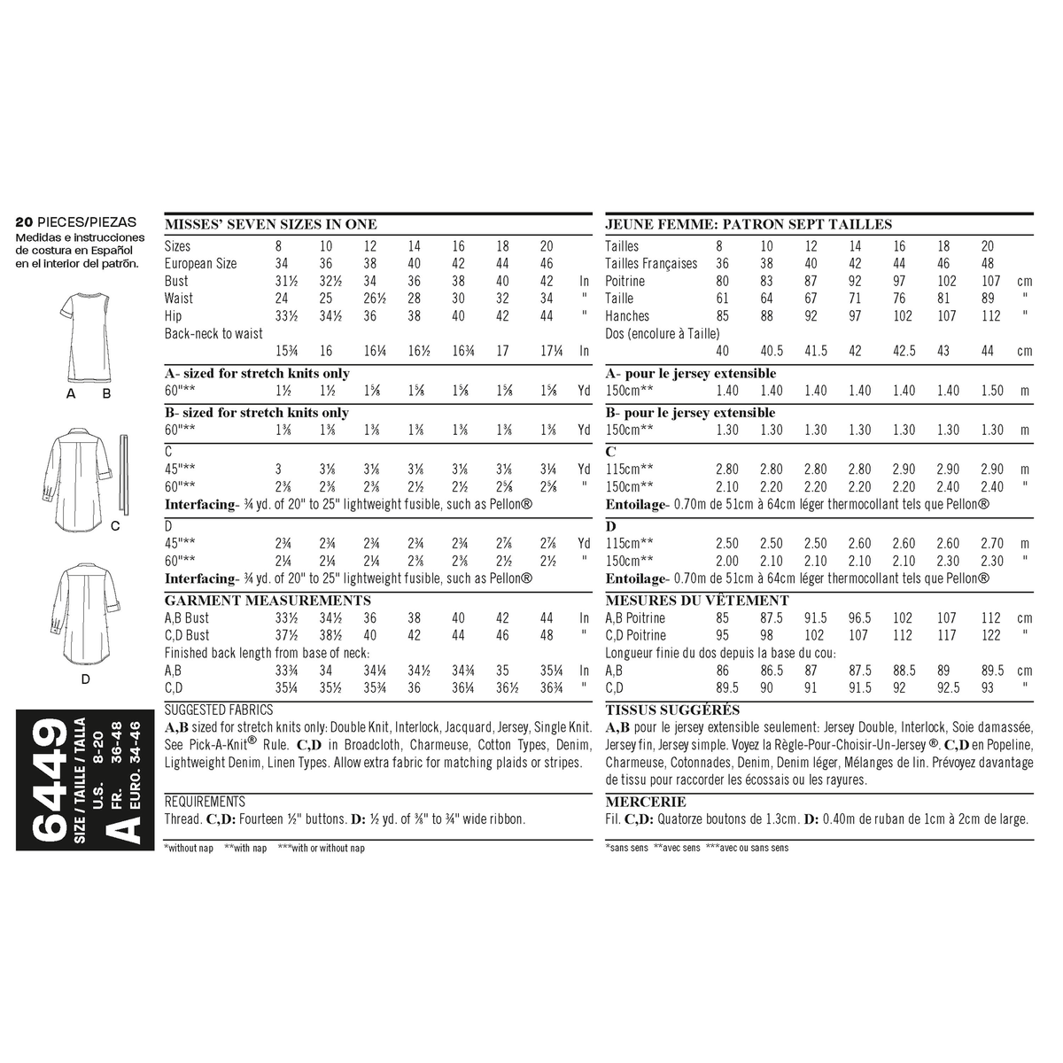 New Look N6449 sewing pattern envelope showing misses' shirt dress and knit dress designs