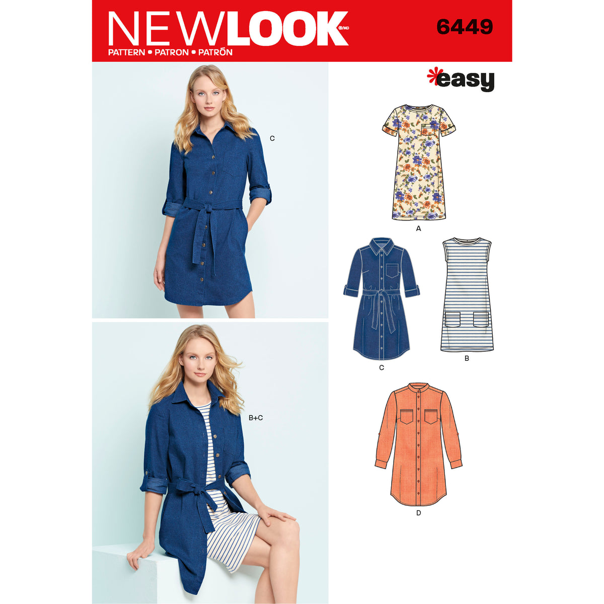 New Look N6449 sewing pattern envelope showing misses' shirt dress and knit dress designs