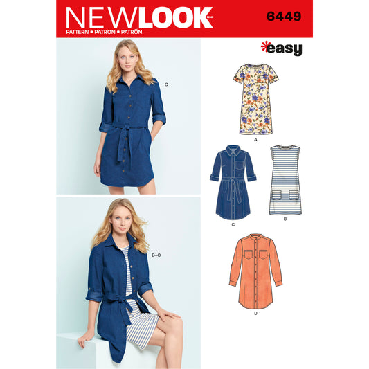 New Look N6449 sewing pattern envelope showing misses' shirt dress and knit dress designs