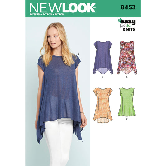 New Look N6453 sewing pattern envelope showing misses' knit top designs
