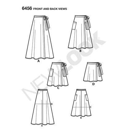 New Look N6456 sewing pattern envelope showing misses' wrap skirts