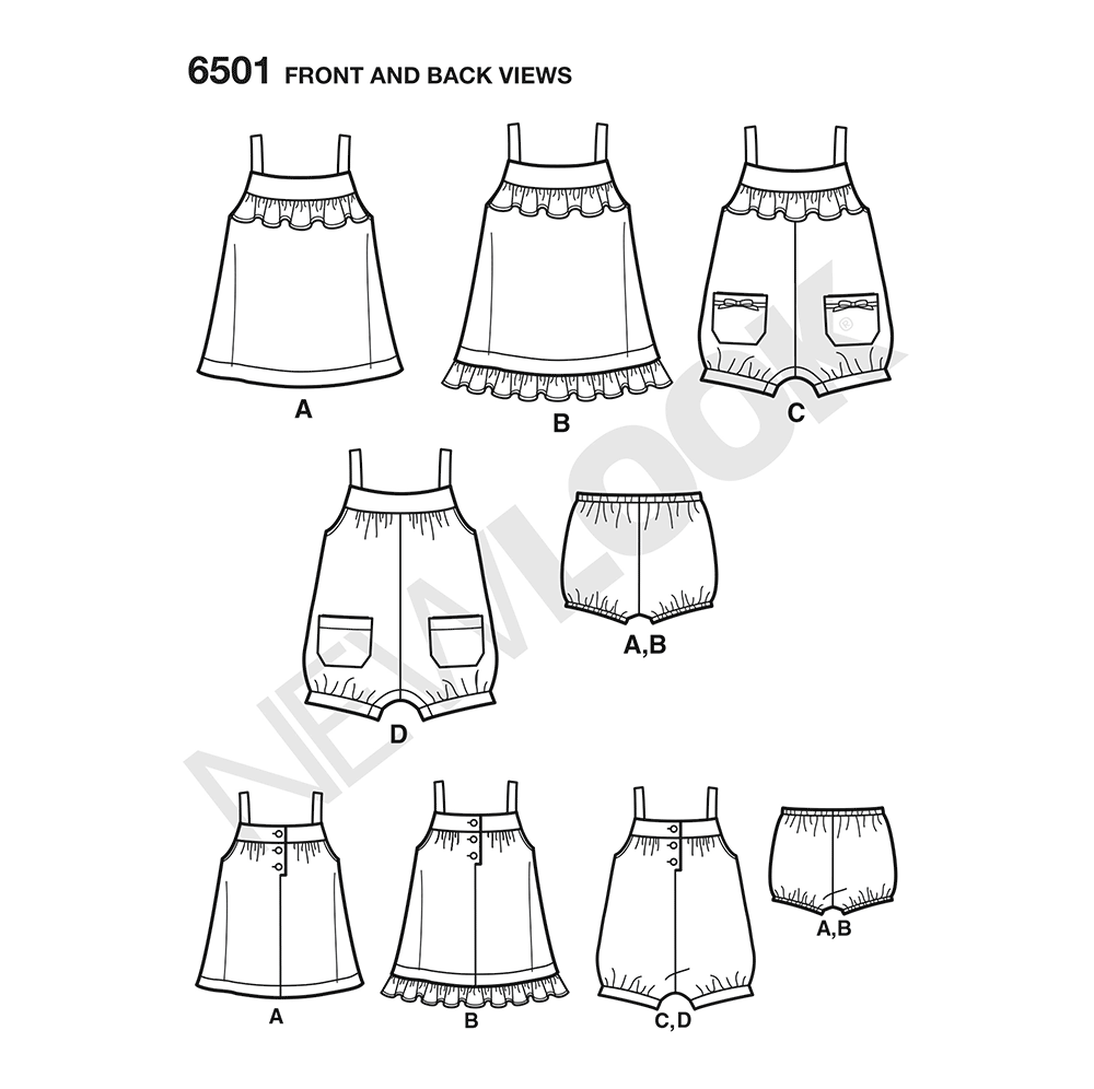 New Look N6501 sewing pattern envelope showing baby dresses, panties and rompers