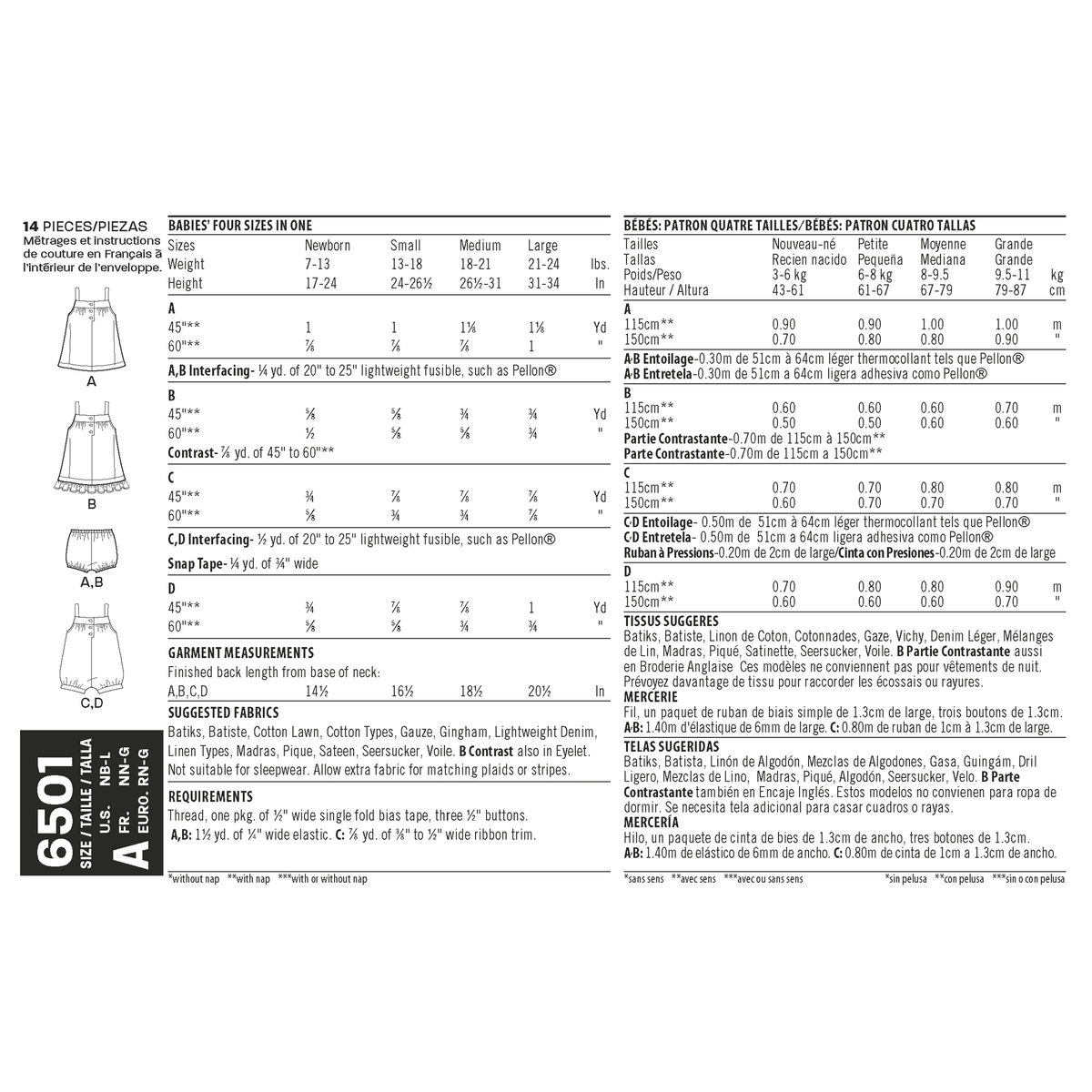 New Look N6501 sewing pattern envelope showing baby dresses, panties and rompers