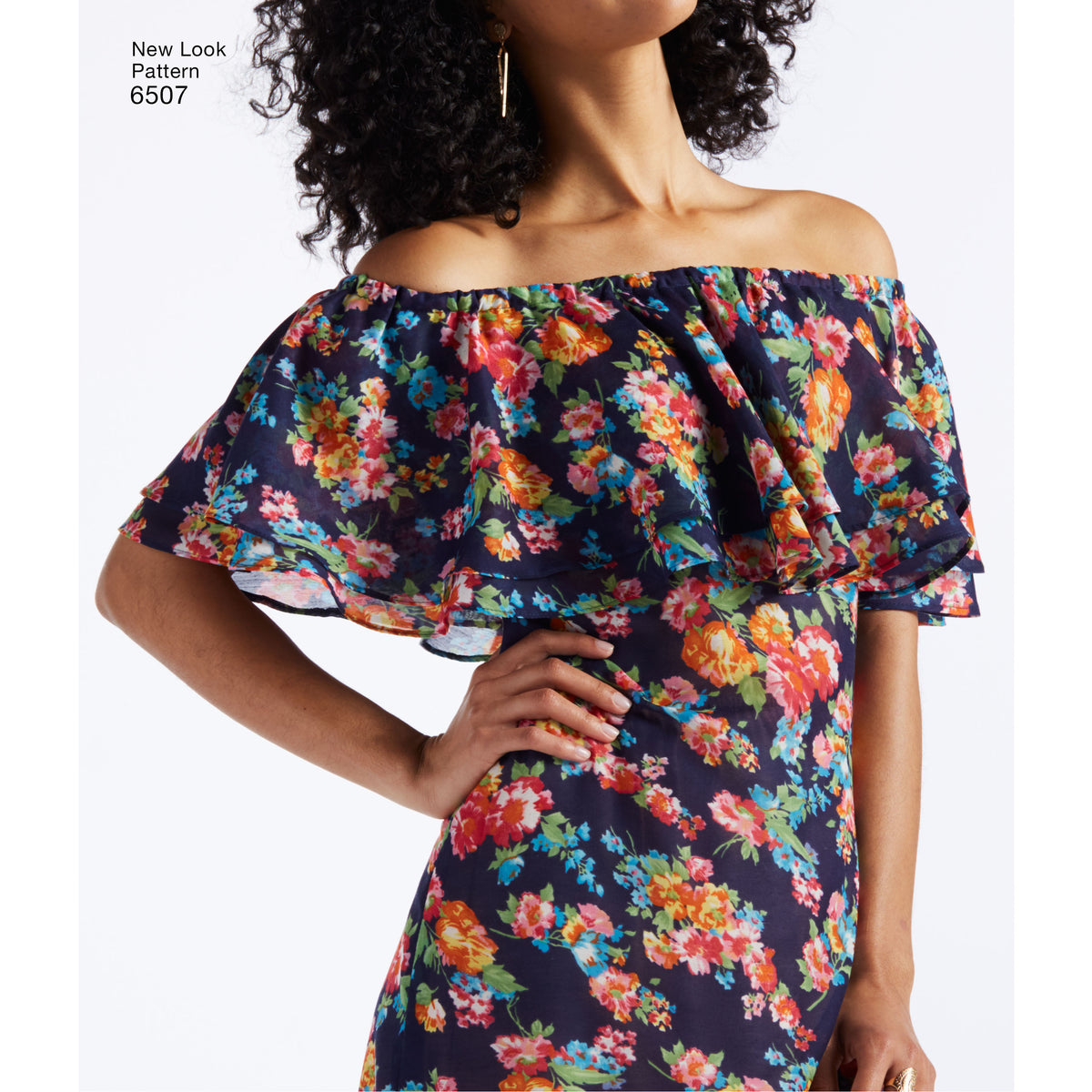 New Look N6507 sewing pattern envelope showing misses' off the shoulder ruffle top and dress