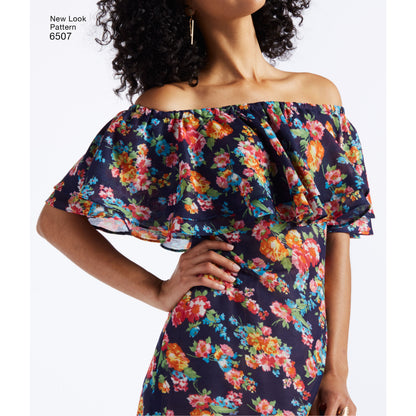 New Look N6507 sewing pattern envelope showing misses' off the shoulder ruffle top and dress