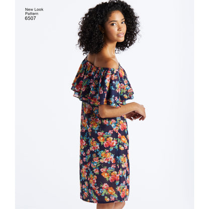 New Look N6507 sewing pattern envelope showing misses' off the shoulder ruffle top and dress