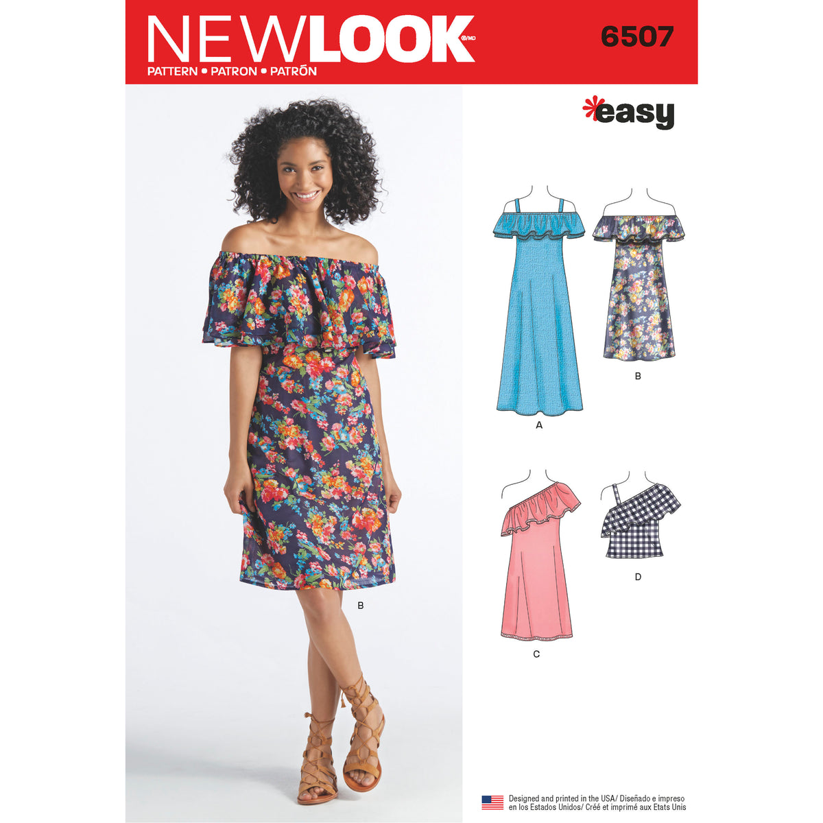 New Look N6507 sewing pattern envelope showing misses' off the shoulder ruffle top and dress
