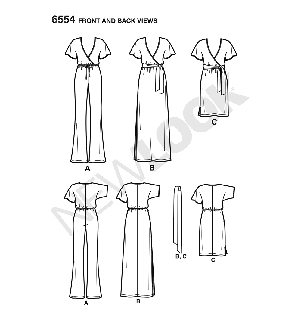 New Look N6554 sewing pattern envelope showing misses' faux wrap jumpsuit and dress
