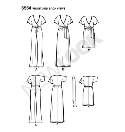 New Look N6554 sewing pattern envelope showing misses' faux wrap jumpsuit and dress
