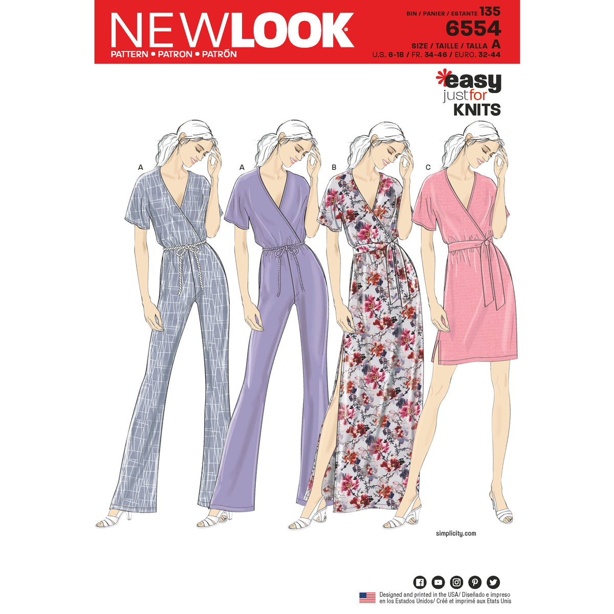 New Look N6554 sewing pattern envelope showing misses' faux wrap jumpsuit and dress