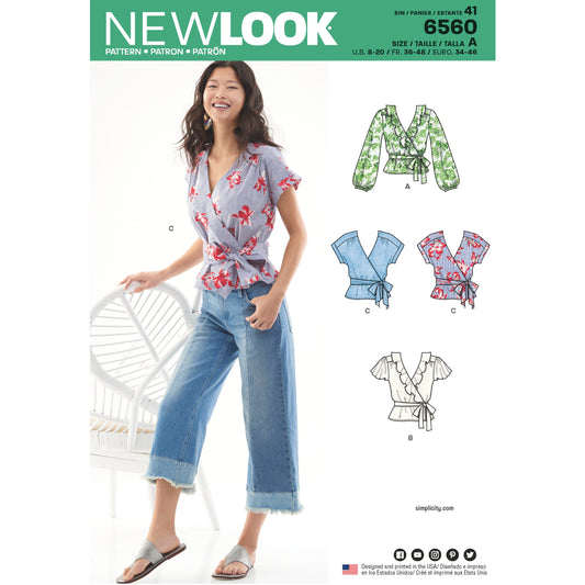 New Look N6560 sewing pattern envelope showing misses' ruffle tie waist shirts