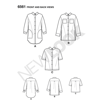 New Look N6561 sewing pattern envelope showing misses' button front shirts