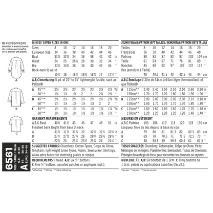 New Look N6561 sewing pattern envelope showing misses' button front shirts