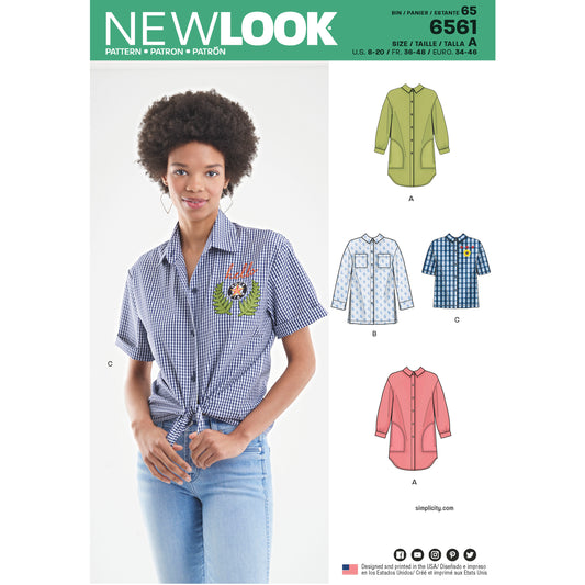 New Look N6561 sewing pattern envelope showing misses' button front shirts