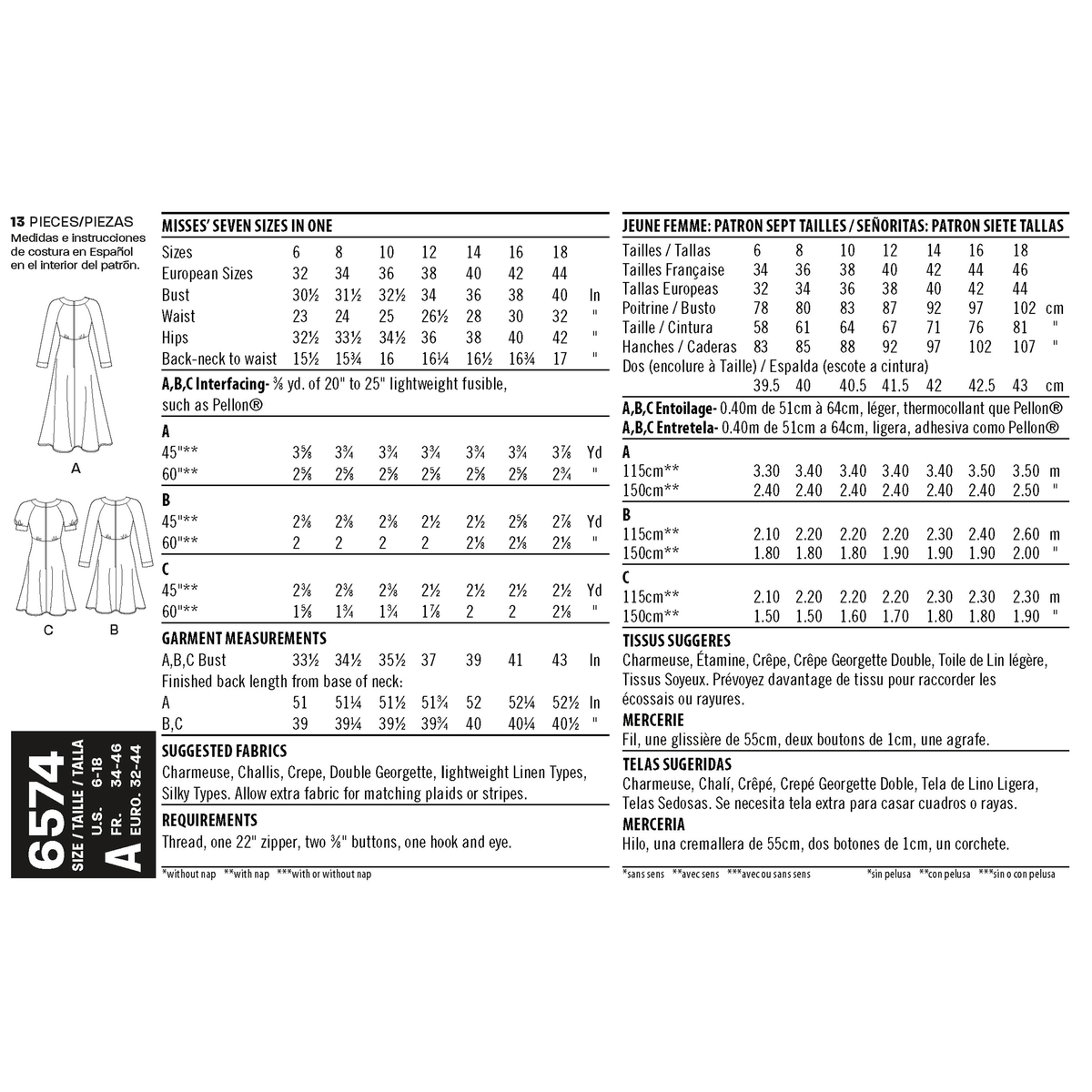New Look N6574 sewing pattern envelope showing misses' dresses with sleeve options