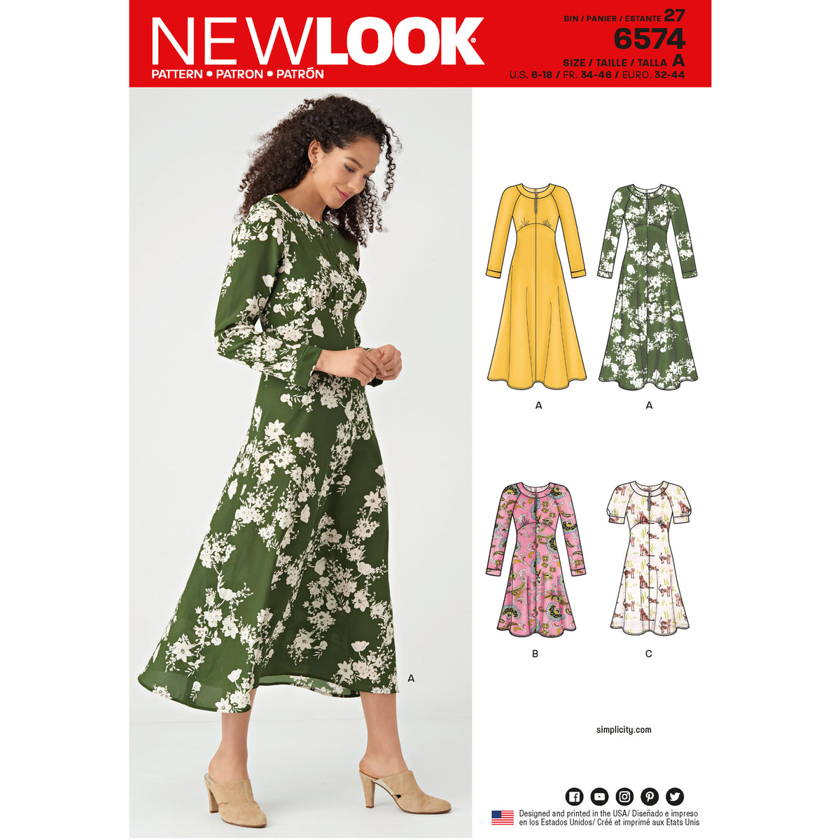 New Look N6574 sewing pattern envelope showing misses' dresses with sleeve options