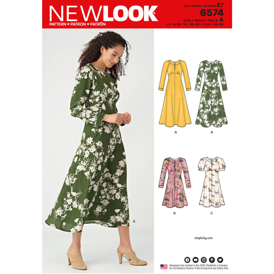 New Look N6574 sewing pattern envelope showing misses' dresses with sleeve options