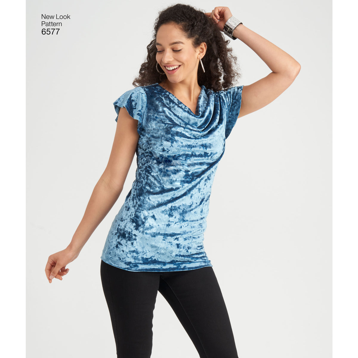 New Look N6577 sewing pattern envelope showing misses' knit cowl neck dress, tops and tunics
