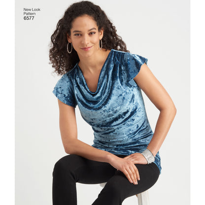 New Look N6577 sewing pattern envelope showing misses' knit cowl neck dress, tops and tunics