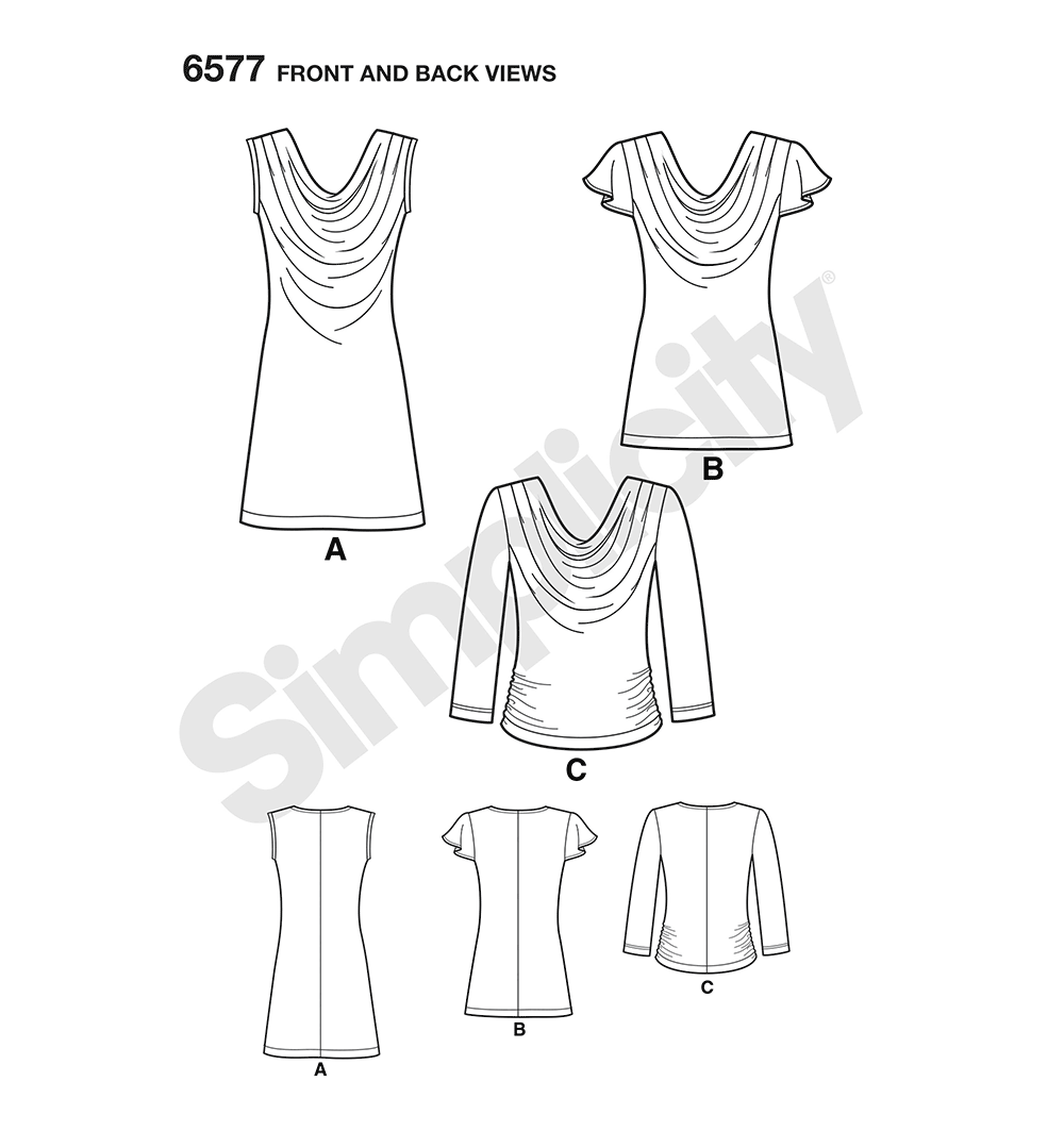 New Look N6577 sewing pattern envelope showing misses' knit cowl neck dress, tops and tunics