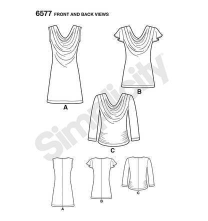 New Look N6577 sewing pattern envelope showing misses' knit cowl neck dress, tops and tunics